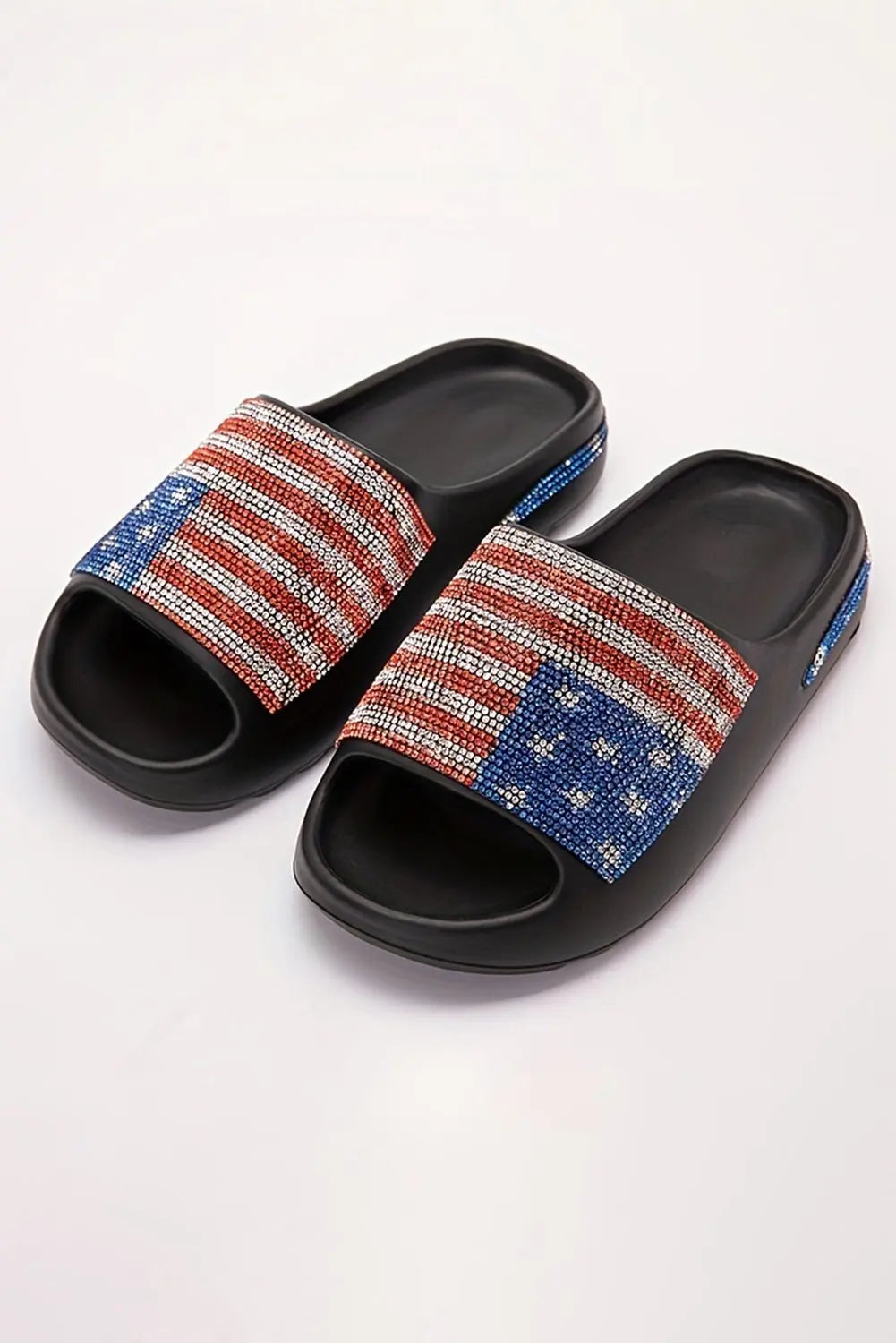 Black Rhinestone American Flag Thick Sole Slides Shoes