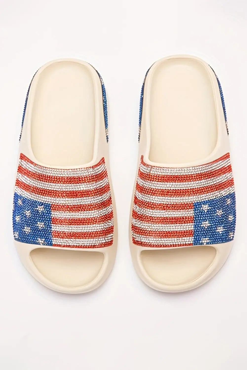 Black Rhinestone American Flag Thick Sole Slides Shoes