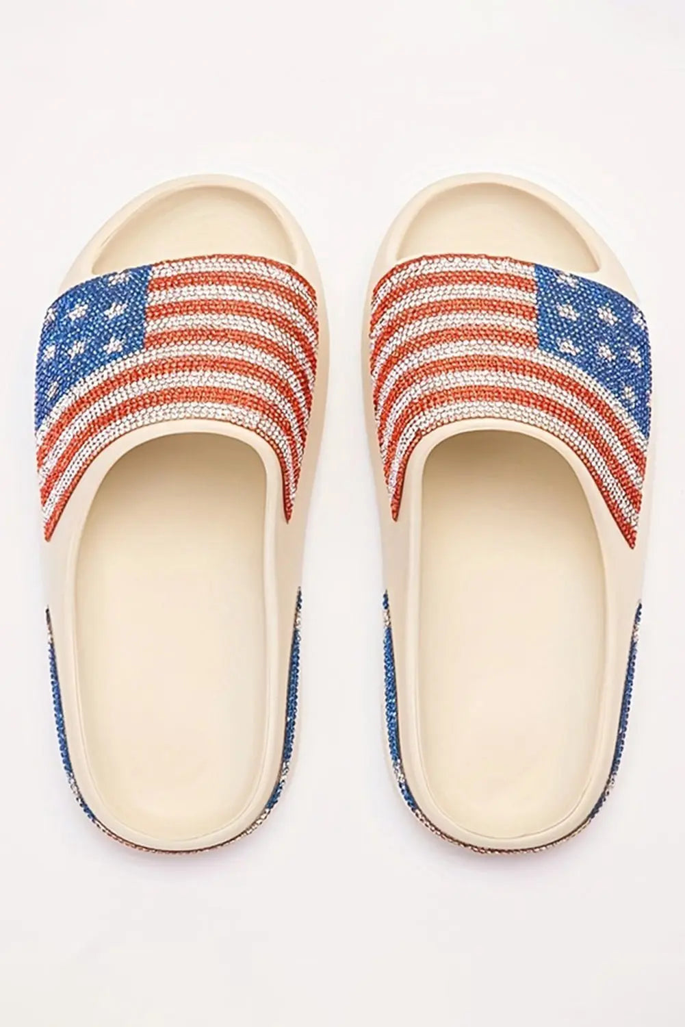 Black Rhinestone American Flag Thick Sole Slides Shoes