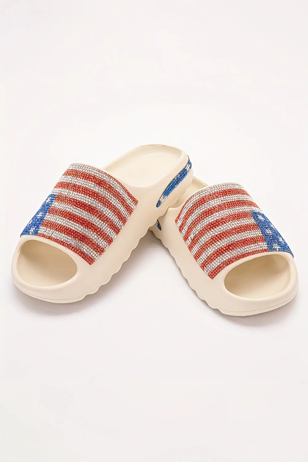 Black Rhinestone American Flag Thick Sole Slides Shoes