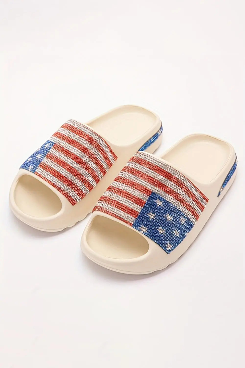 Black Rhinestone American Flag Thick Sole Slides Shoes