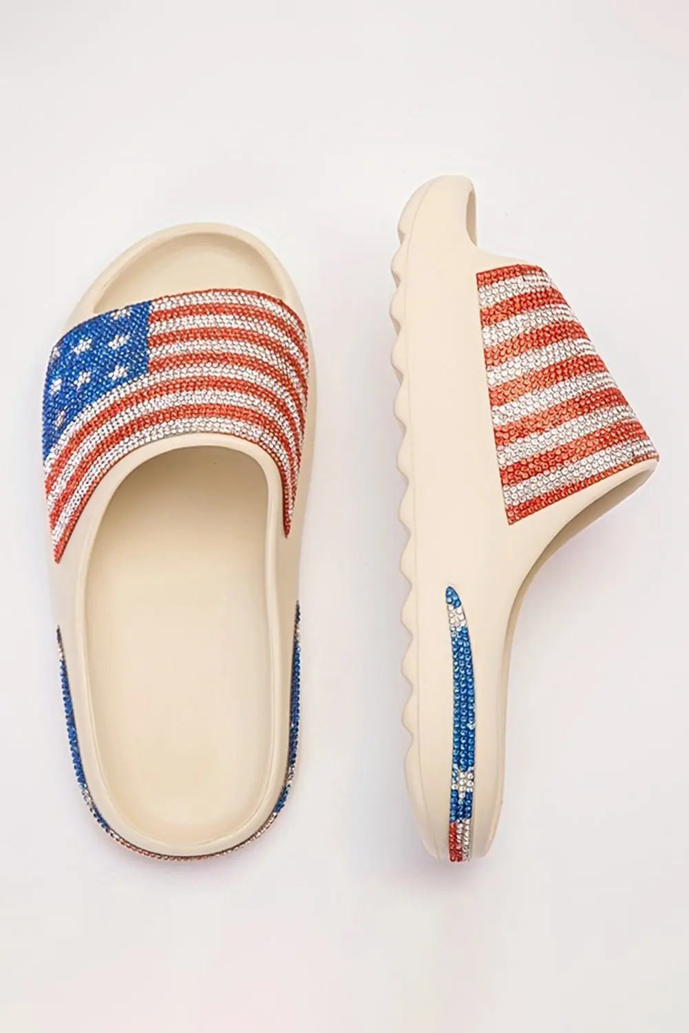 Black Rhinestone American Flag Thick Sole Slides Shoes