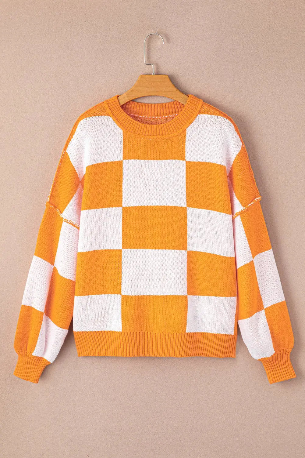 Orange & White Plaid Exposed Seam Bishop Sleeve Sweater