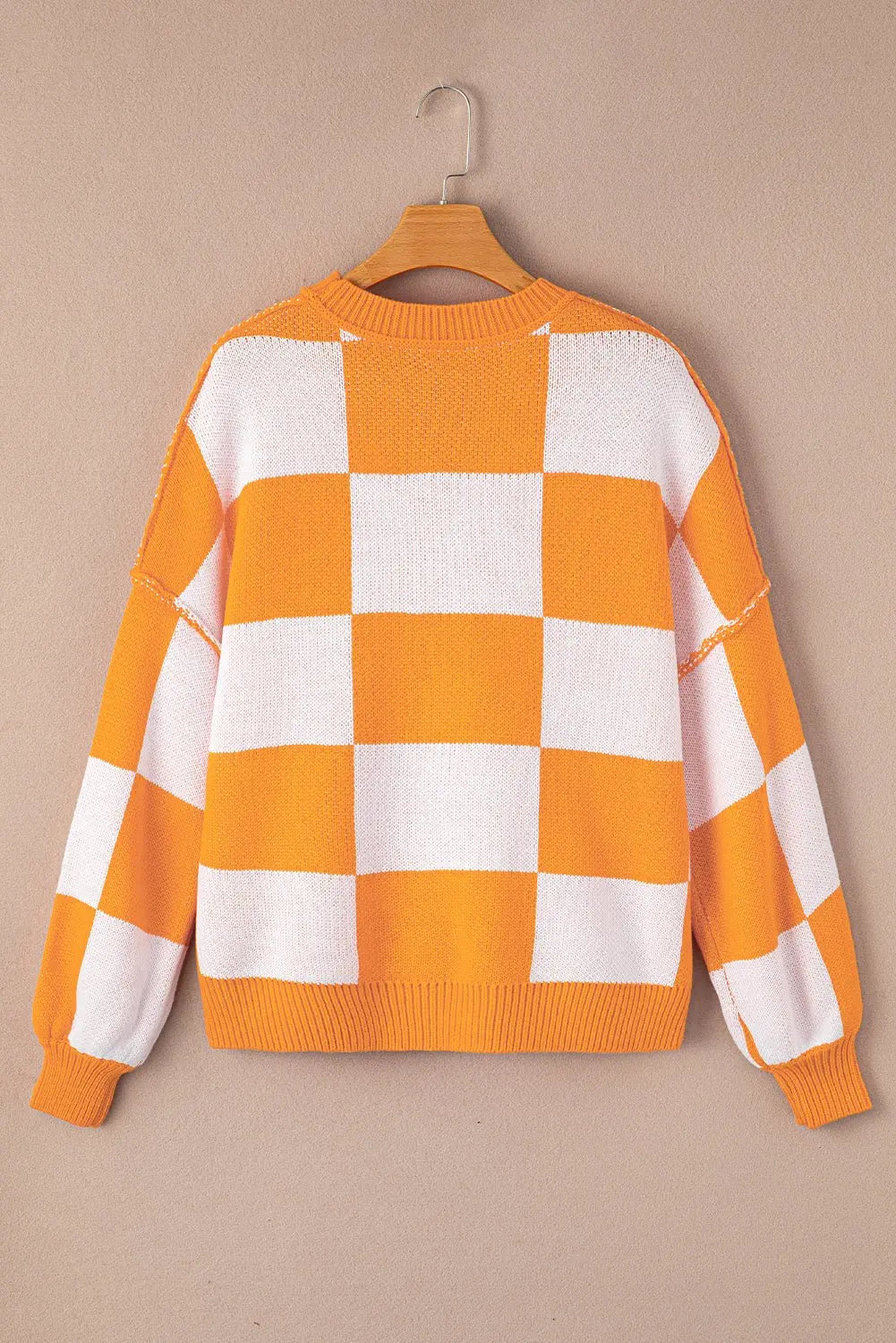 Orange & White Plaid Exposed Seam Bishop Sleeve Sweater