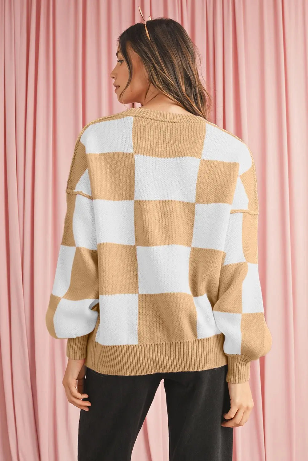 Orange & White Plaid Exposed Seam Bishop Sleeve Sweater