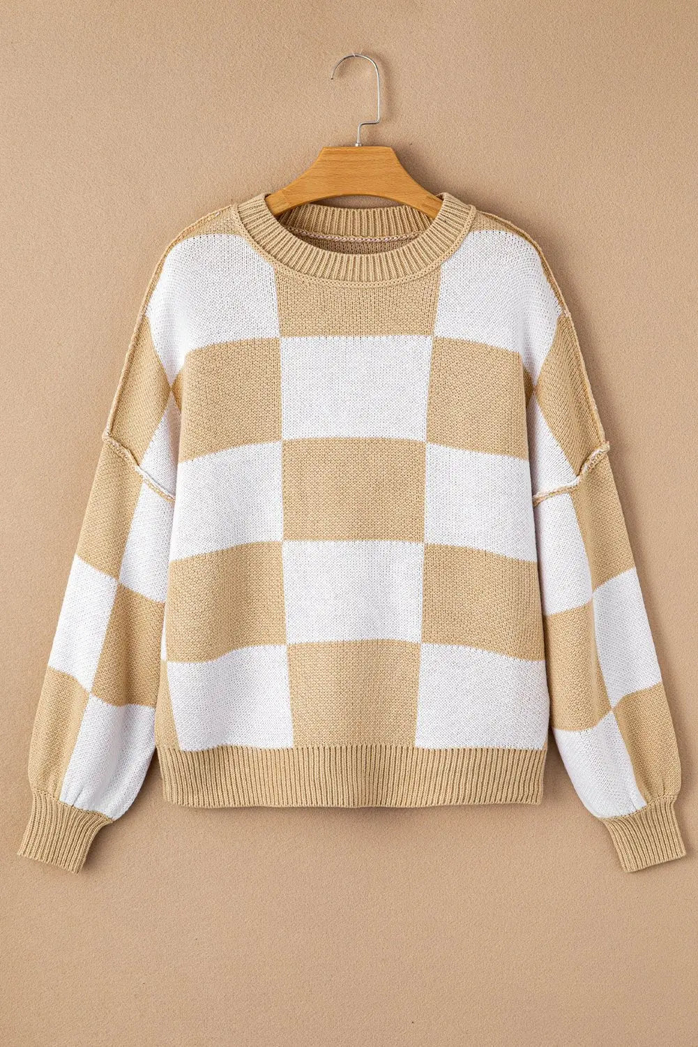Orange & White Plaid Exposed Seam Bishop Sleeve Sweater