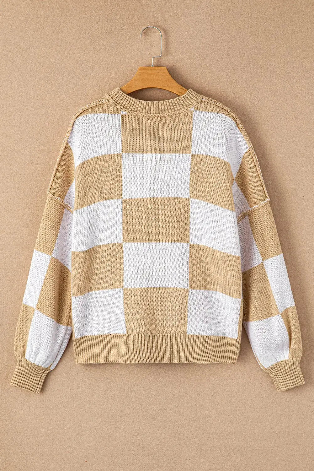 Orange & White Plaid Exposed Seam Bishop Sleeve Sweater