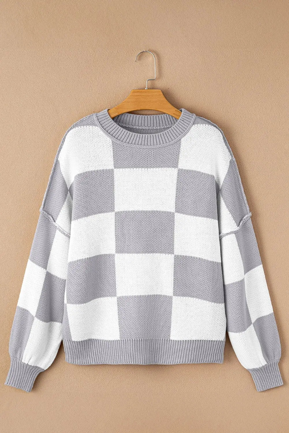 Orange & White Plaid Exposed Seam Bishop Sleeve Sweater
