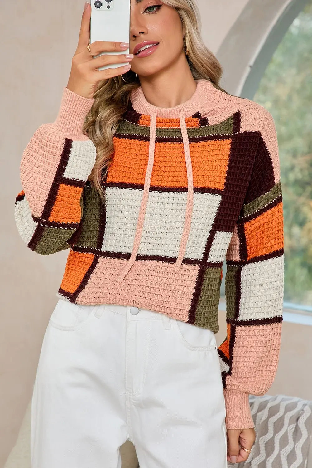 Orange Color Block Waffle Knit Drawstring Mock Neck Sweater