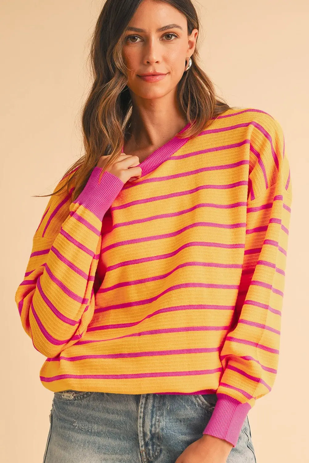 Orange Stripe Round Neck Drop Shoulder Loose Sweater