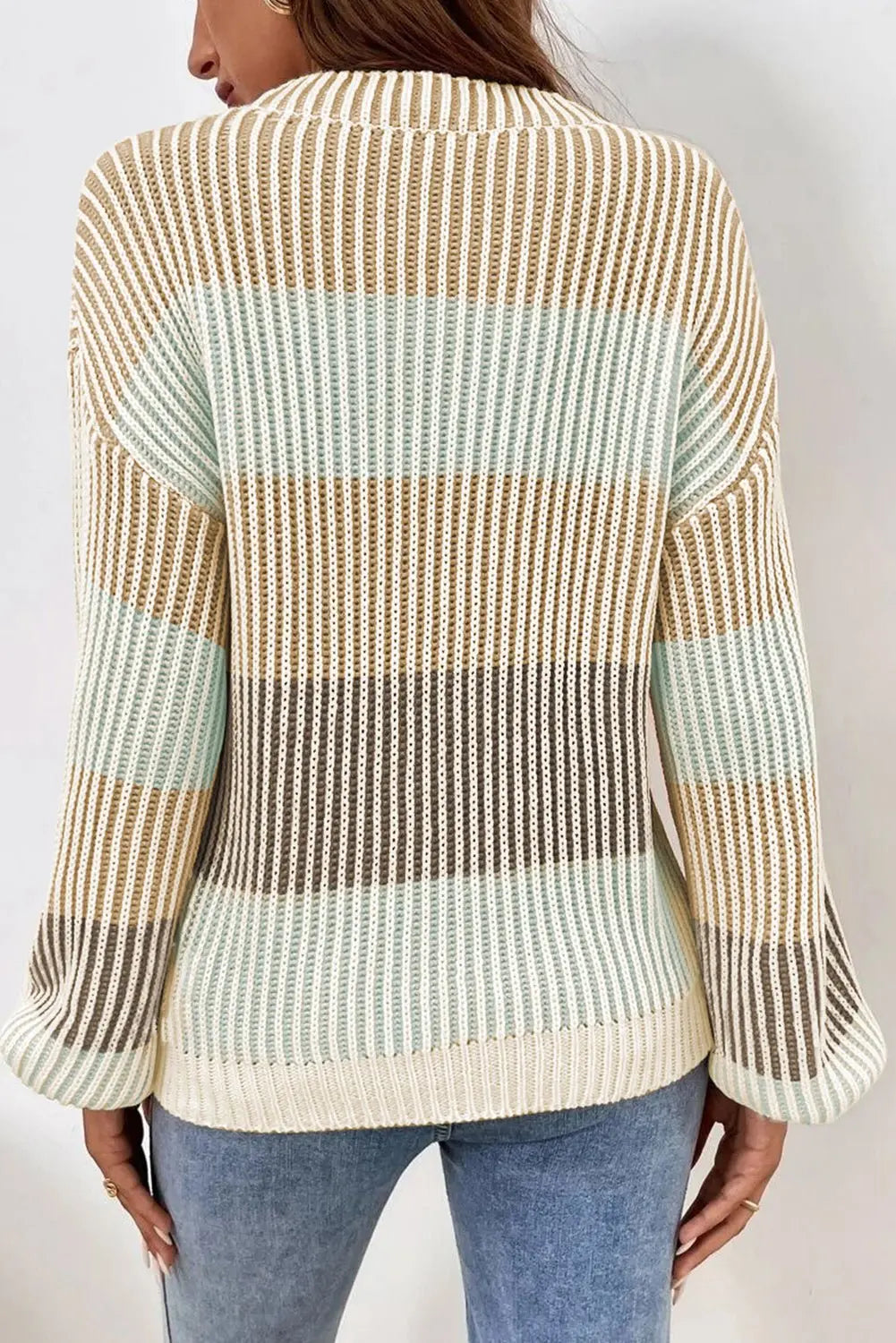 Pink Colorblock Lantern Sleeve Rib Knitted Sweater
