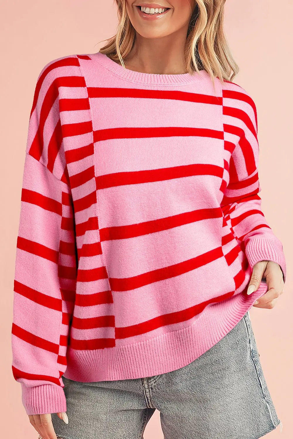 Pink Striped Crewneck Drop Sleeve Knit Sweater