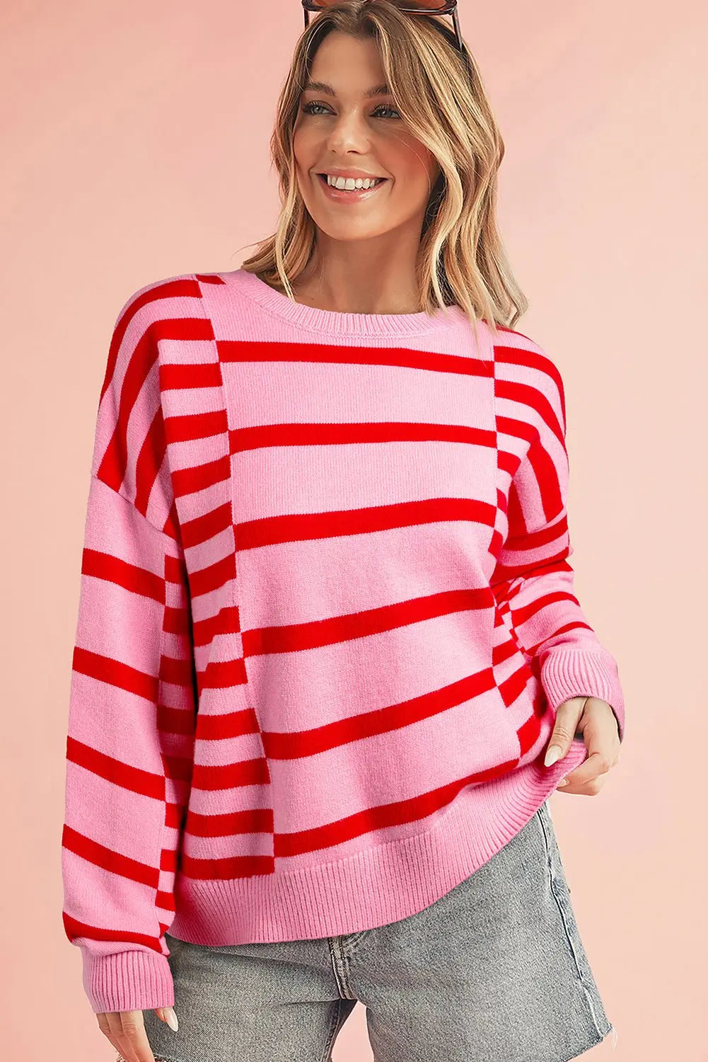 Pink Striped Crewneck Drop Sleeve Knit Sweater