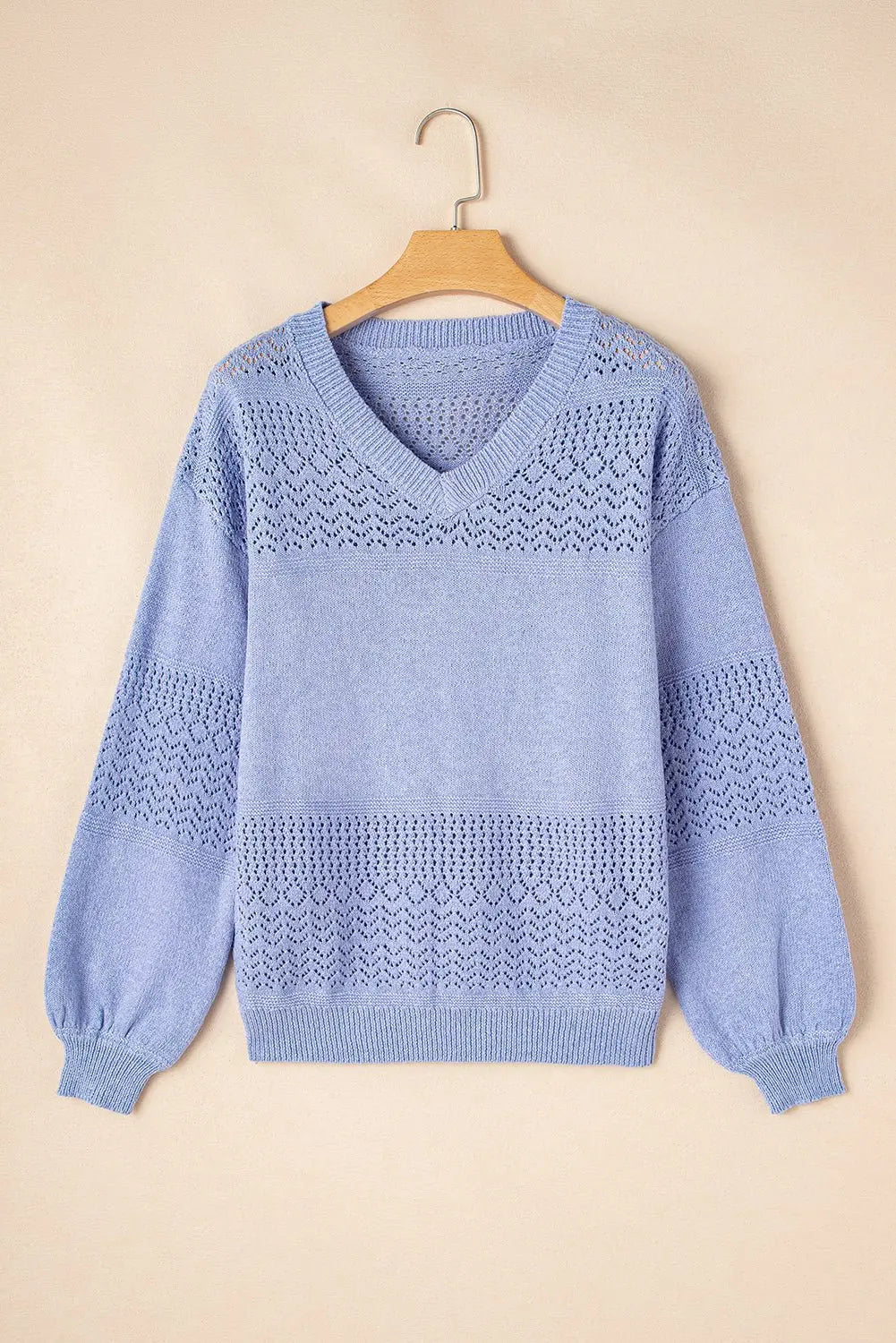 Sky Blue Hollow Long Sleeve V Neck sweater