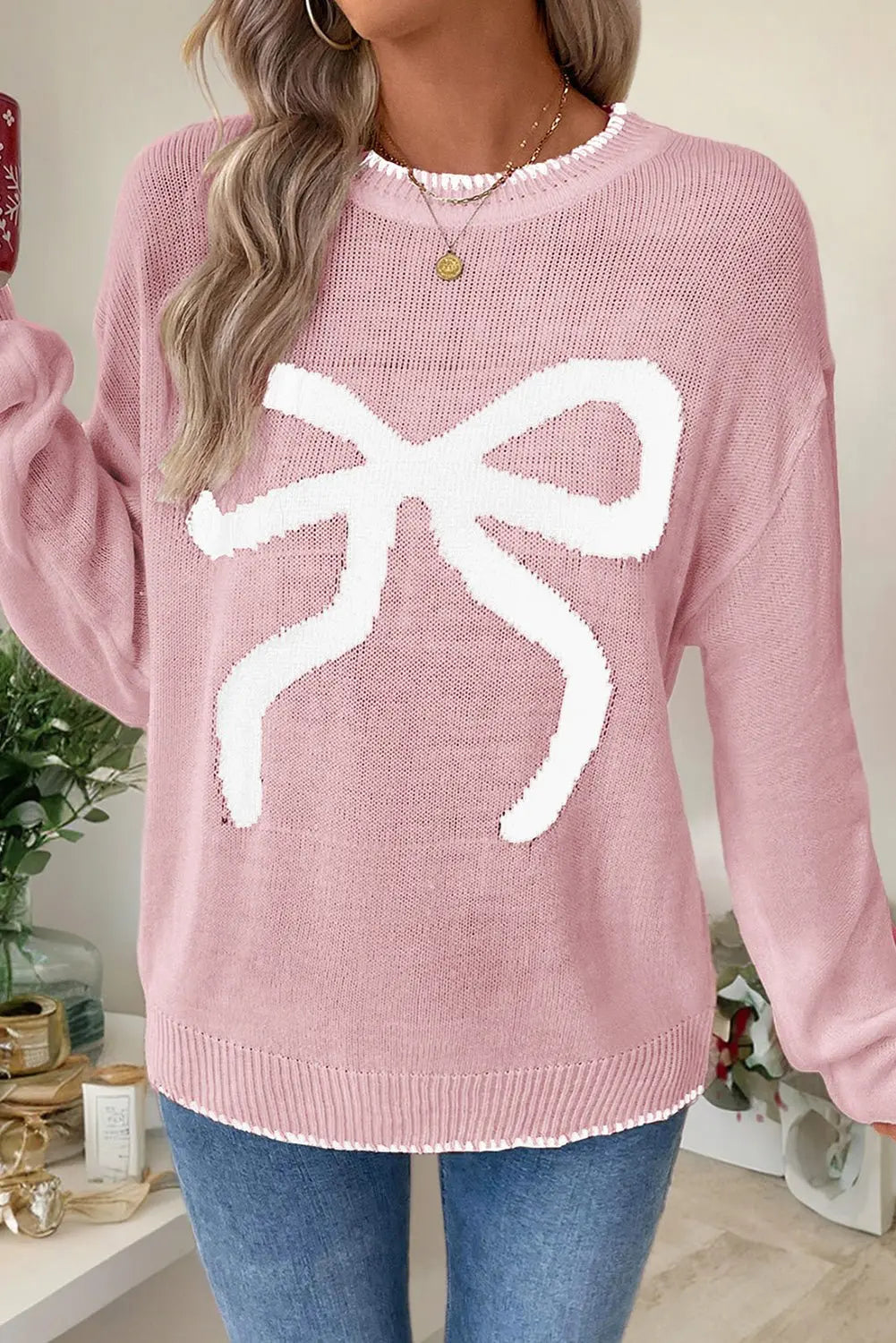 Pink Sweet Bow Drop Sleeve Round Neck Sweater
