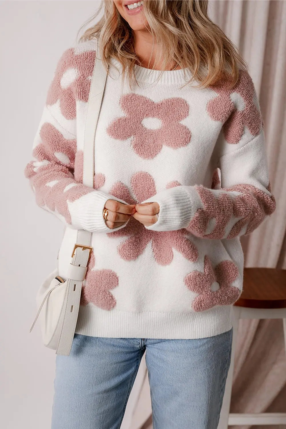 White Vintage Flower Drop Shoulder Loose Sweater