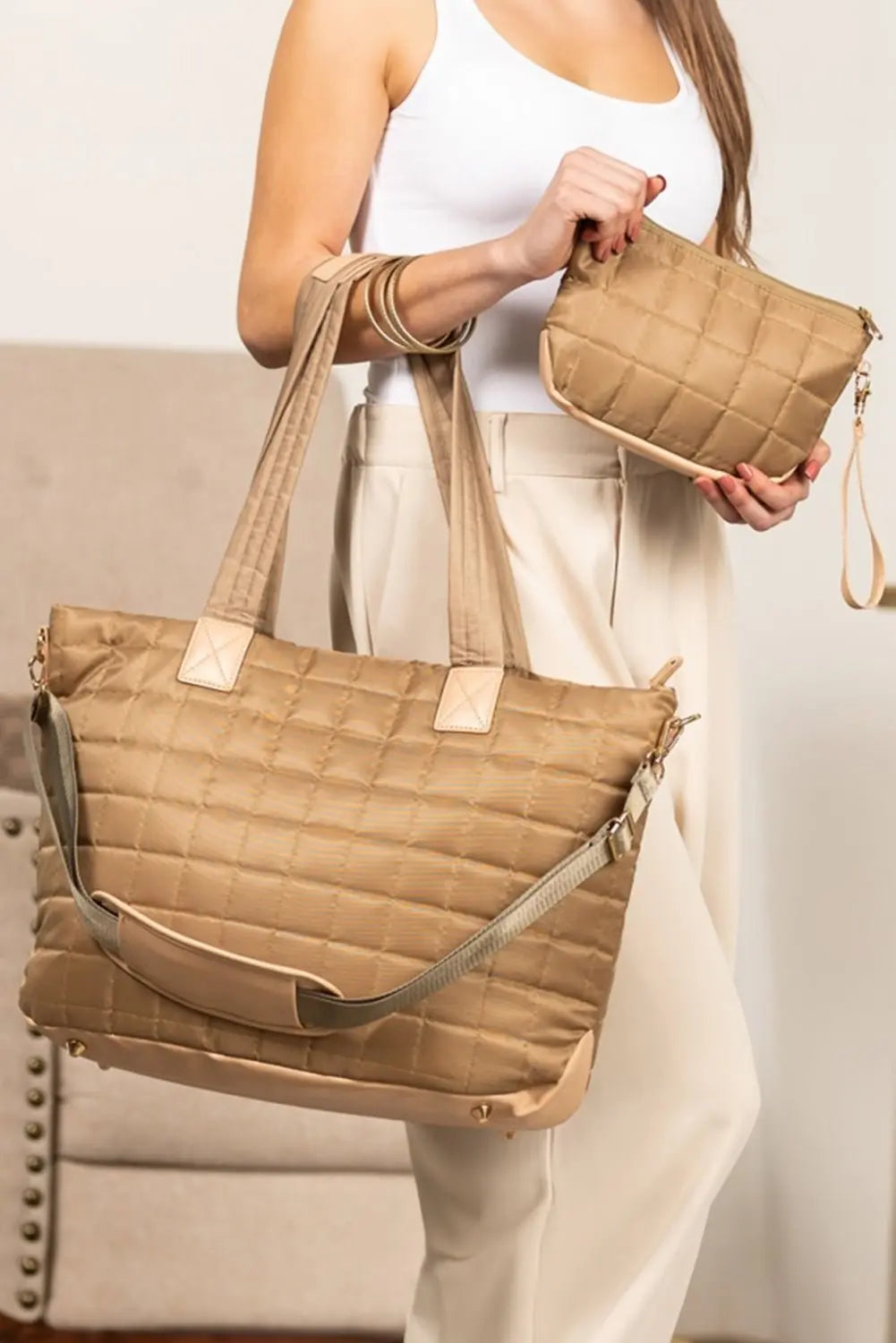 Black Quilted Patchwork Large Tote Bag and Clutch 2pcs Set