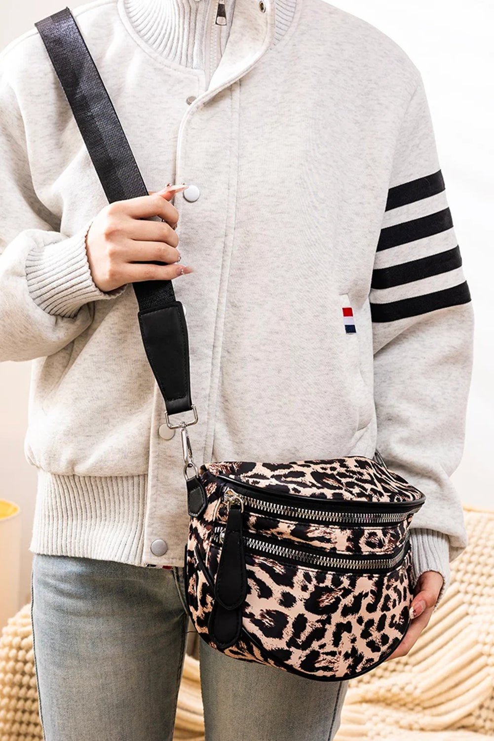 Medium Grey Abstract Camo Print Gold Chain Crossbody Bag