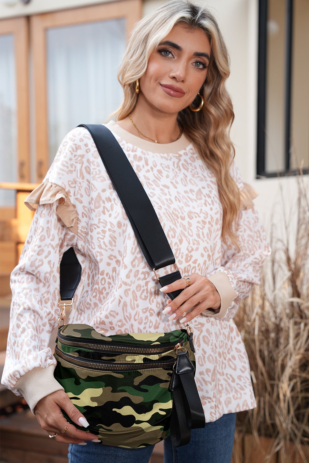 Medium Grey Abstract Camo Print Gold Chain Crossbody Bag