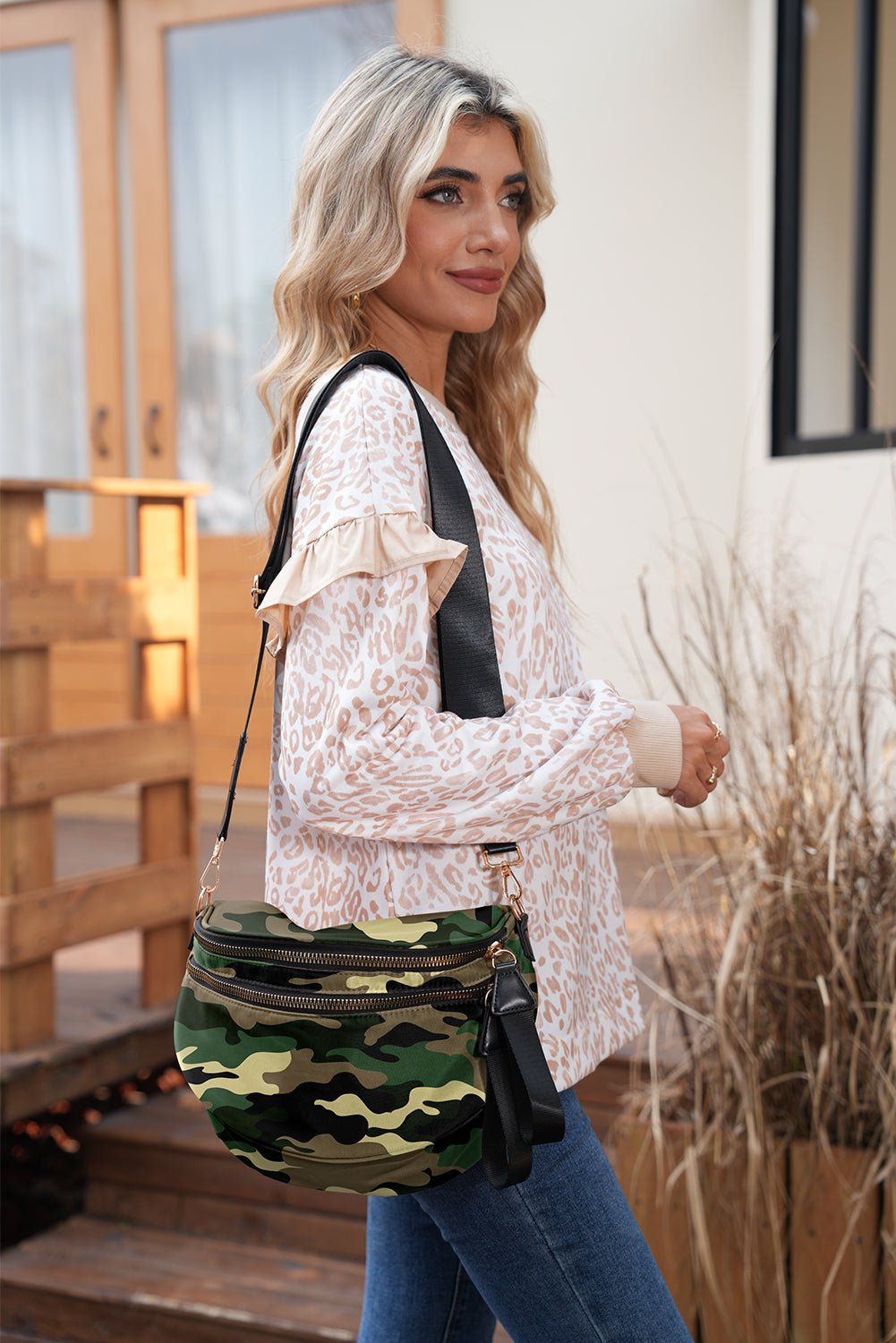 Medium Grey Abstract Camo Print Gold Chain Crossbody Bag
