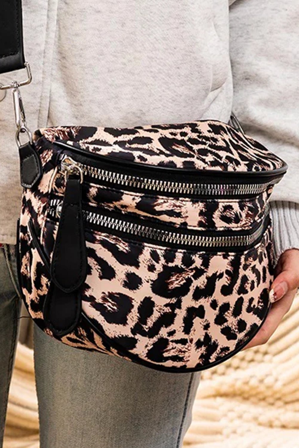 Medium Grey Abstract Camo Print Gold Chain Crossbody Bag
