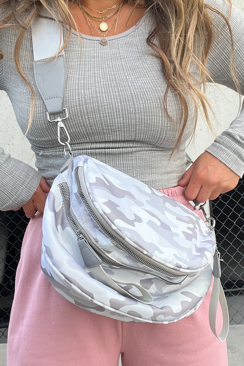 Medium Grey Abstract Camo Print Gold Chain Crossbody Bag