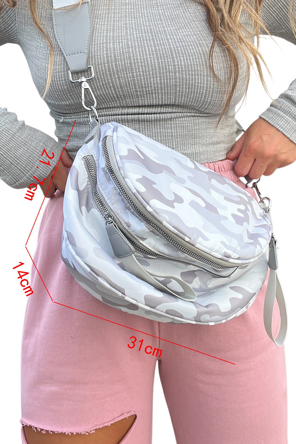Medium Grey Abstract Camo Print Gold Chain Crossbody Bag