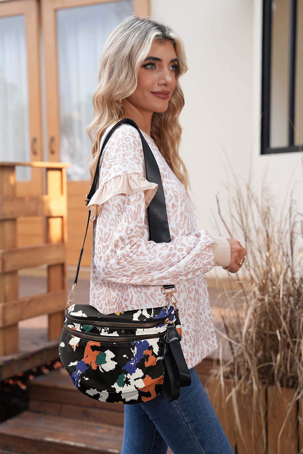 Medium Grey Abstract Camo Print Gold Chain Crossbody Bag