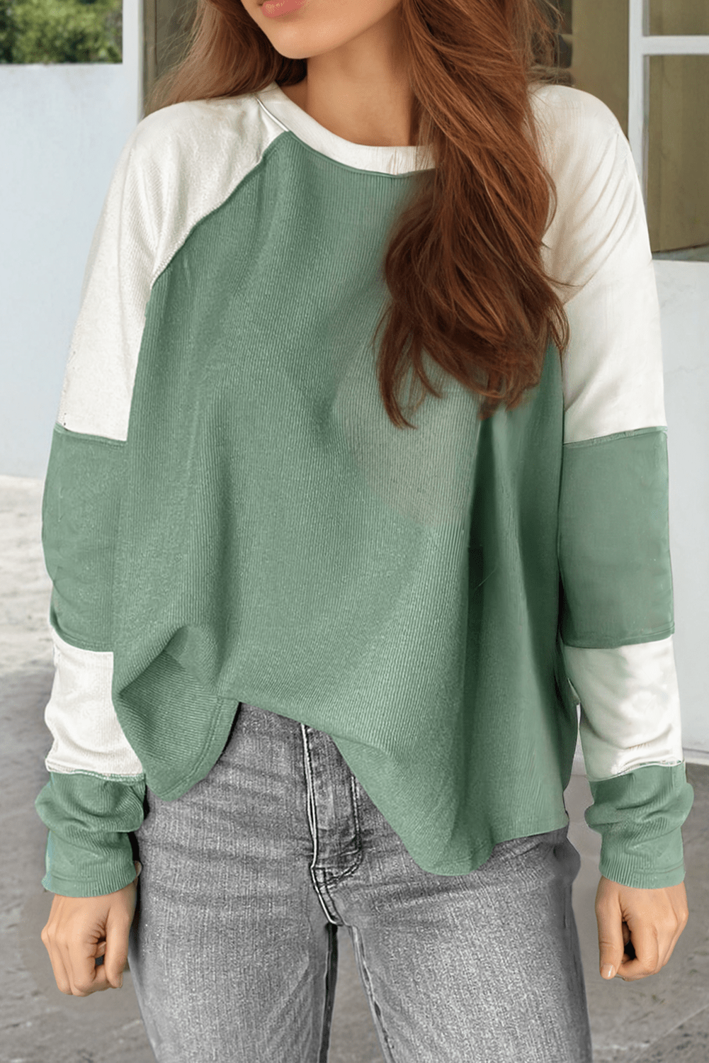 Mint Green Ribbed Colorblock Patchwork Raglan Long Sleeve Top