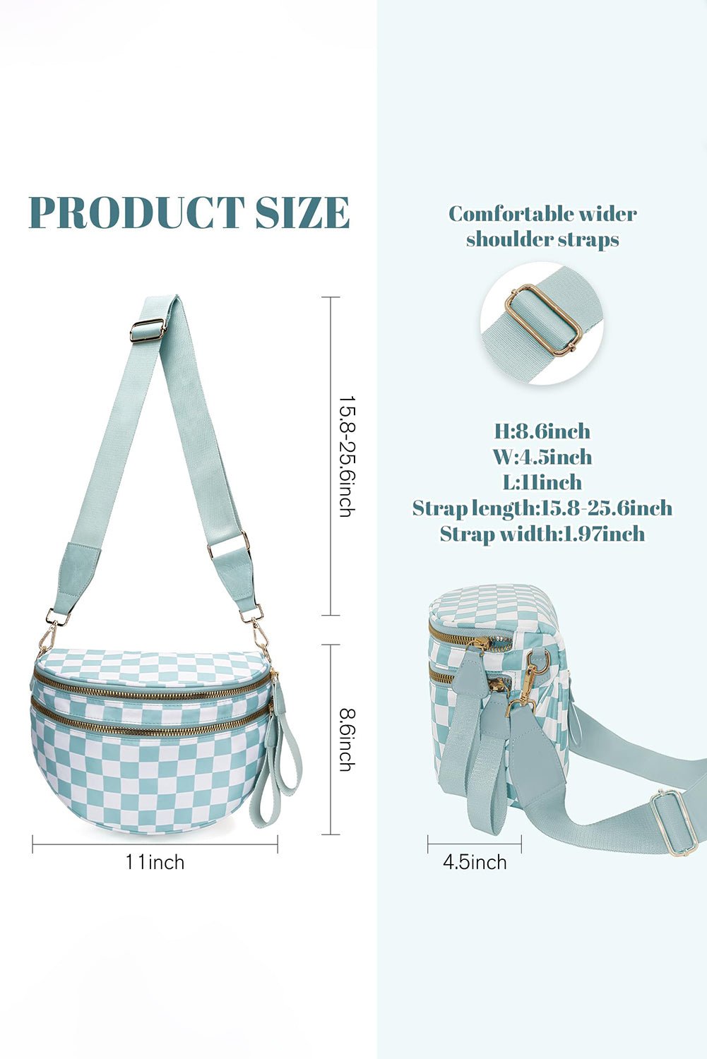 Mist Blue Checkered Print Wide Strap Large Crossbody Bag