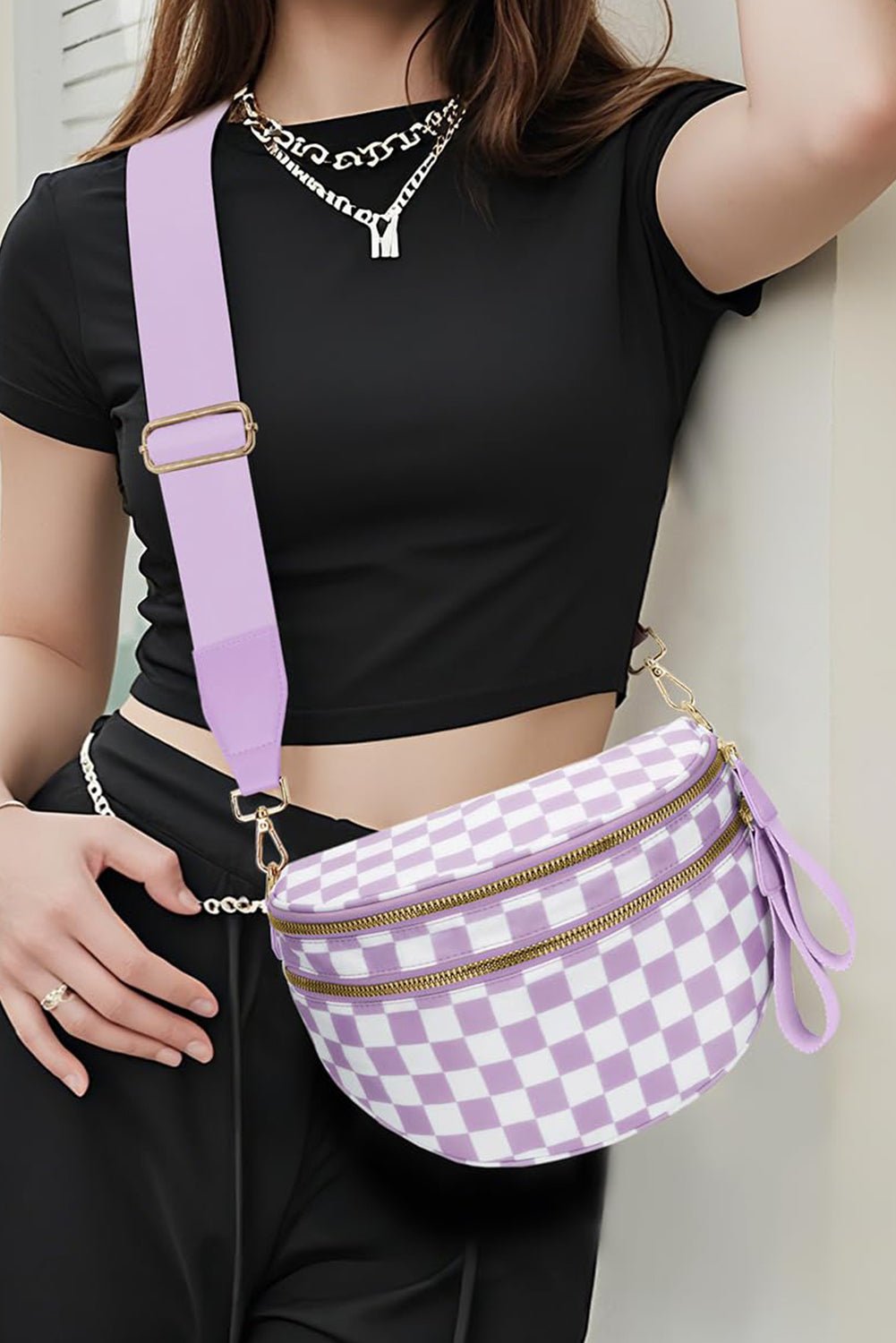 Mist Blue Checkered Print Wide Strap Large Crossbody Bag