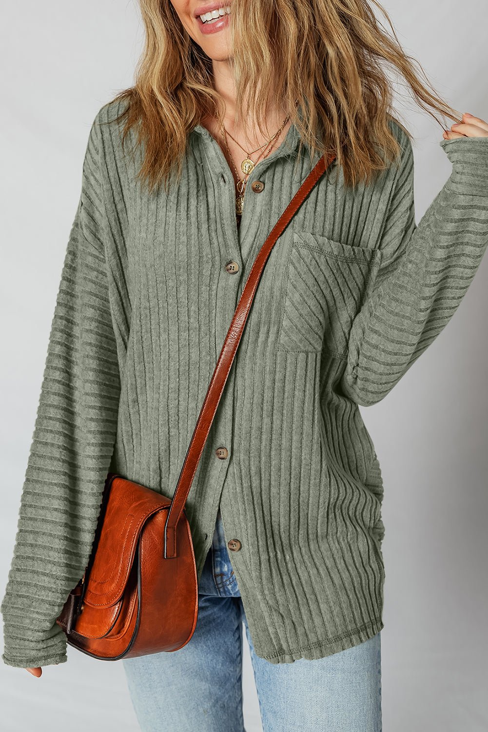 Mist Green Thermal Ribbed Texture Drop Shoulder Button Up Shirt