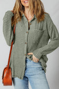 Mist Green Thermal Ribbed Texture Drop Shoulder Button Up Shirt