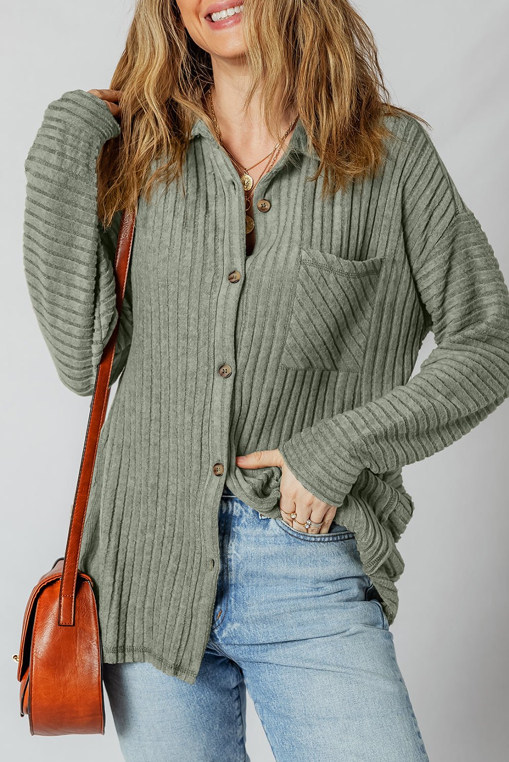 Mist Green Thermal Ribbed Texture Drop Shoulder Button Up Shirt