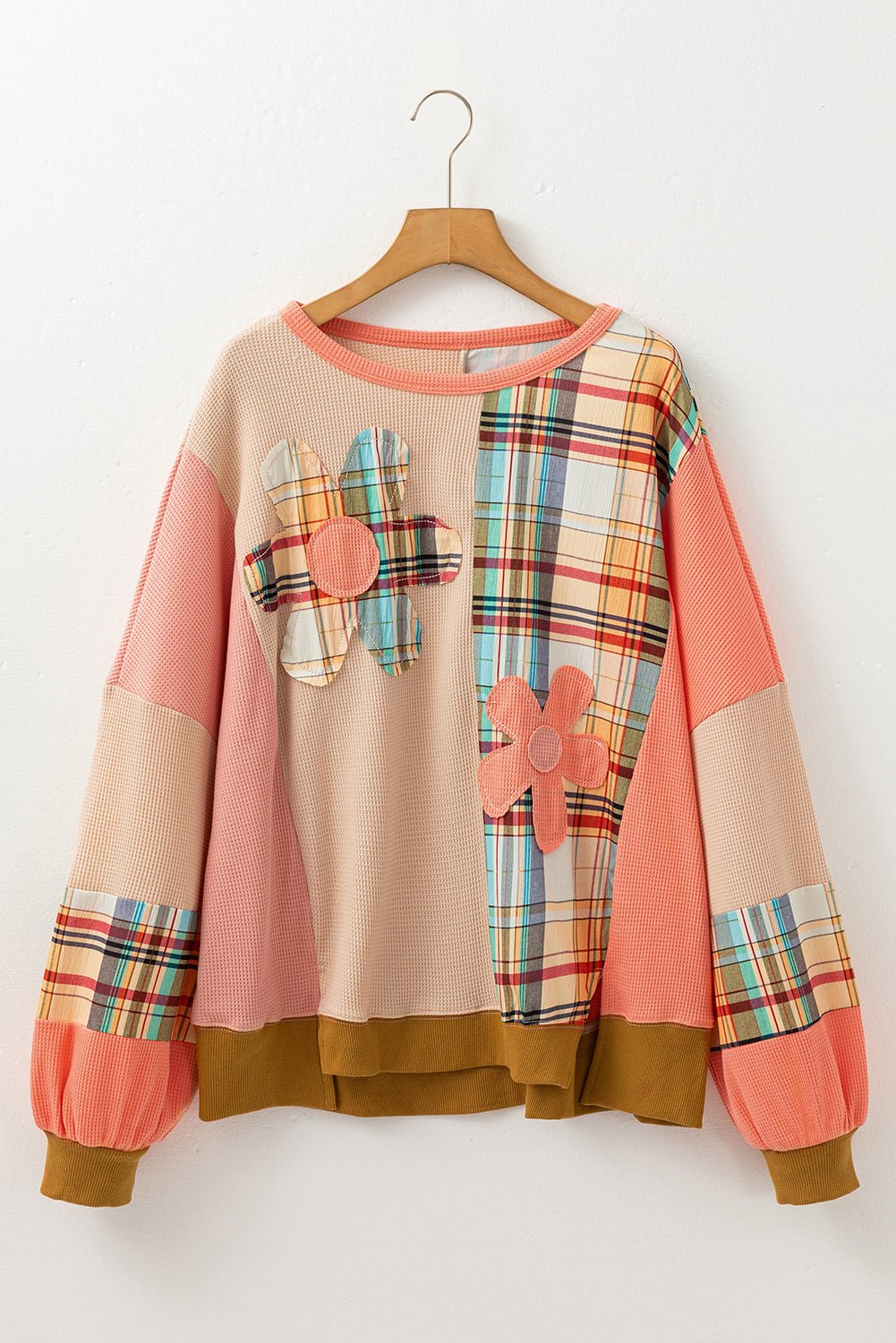 Multicolor Plaid Flower Patchwork Waffle Drop Shoulder Loose Top