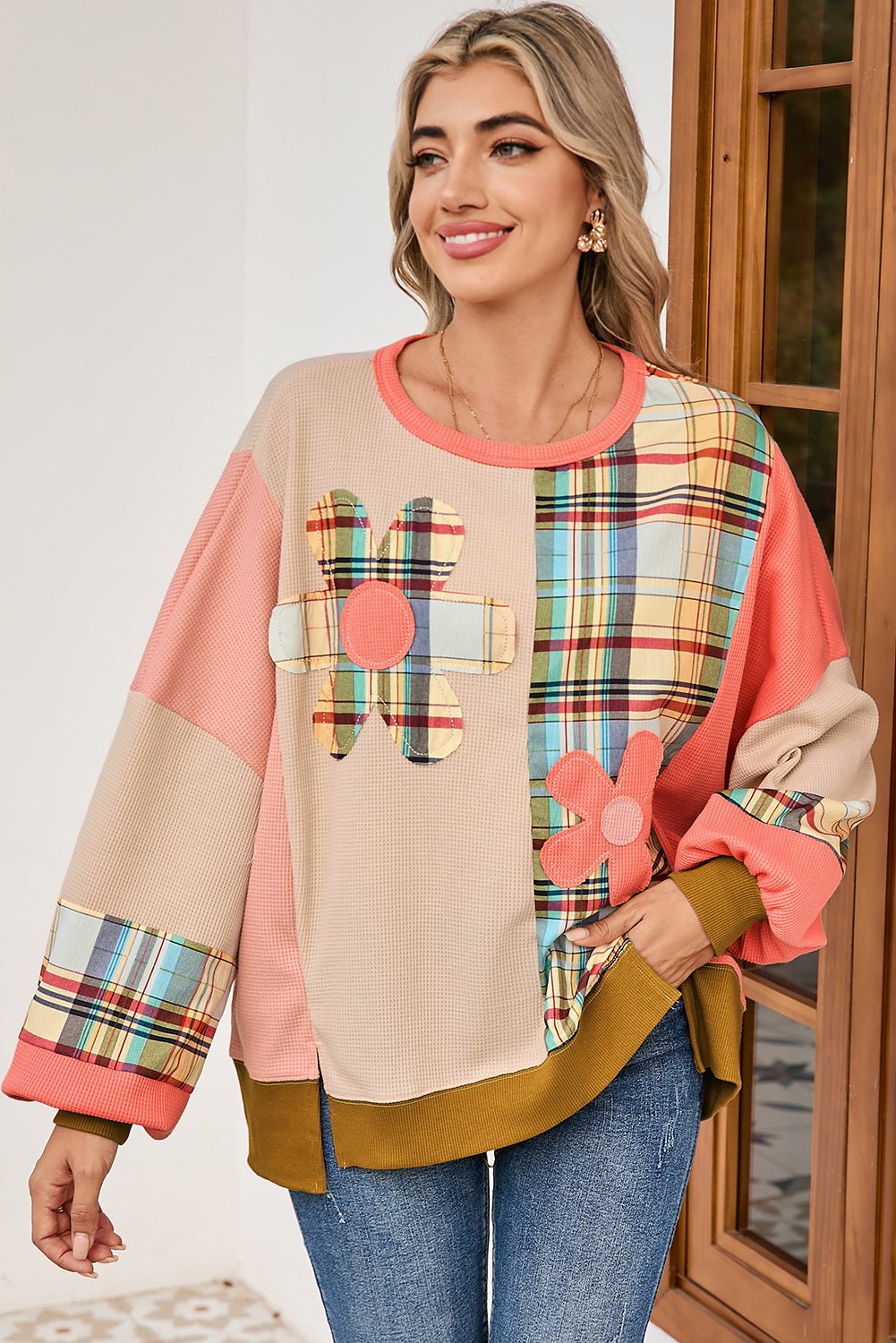Multicolor Plaid Flower Patchwork Waffle Drop Shoulder Loose Top