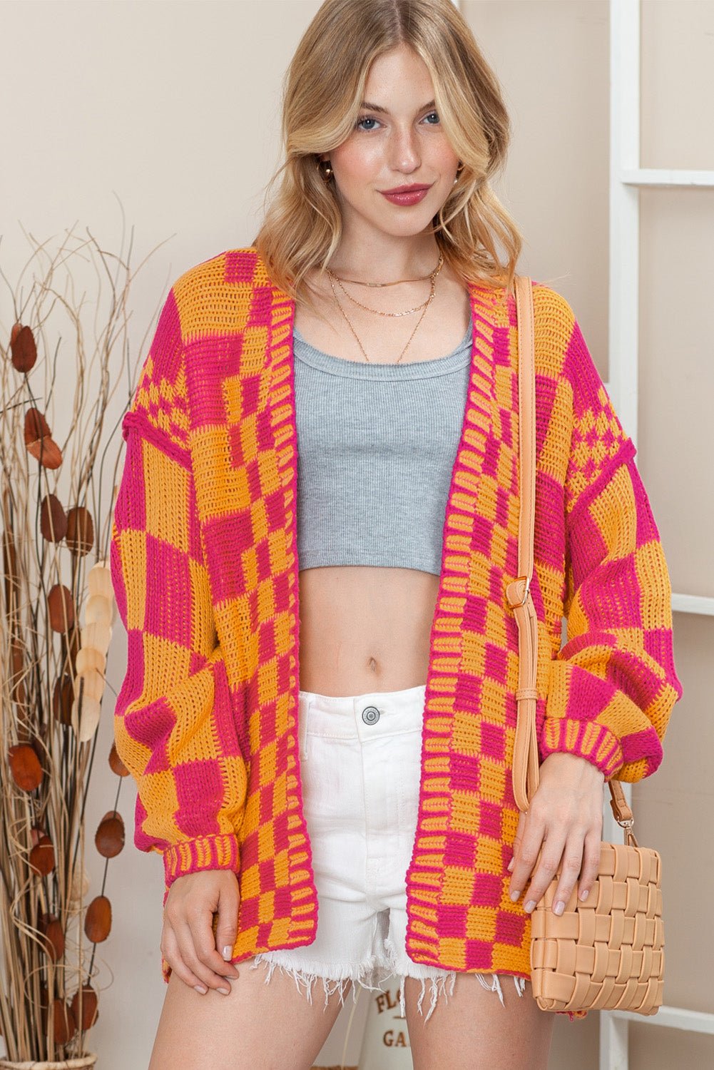 Multicolor Plaid Open Front Knitted Cardigan
