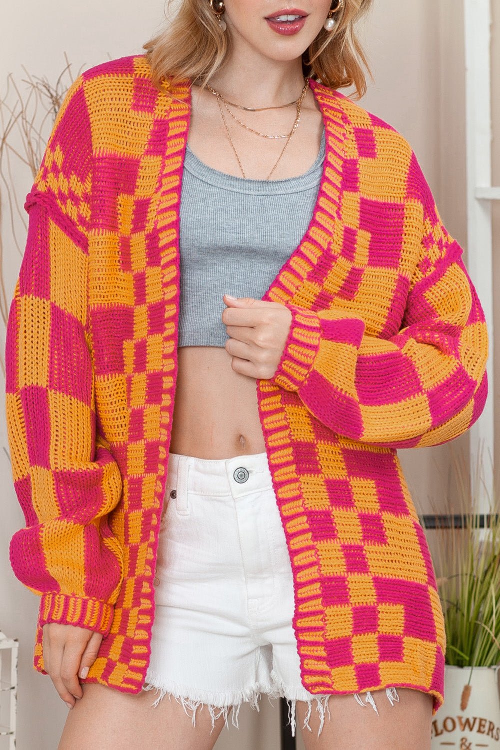 Multicolor Plaid Open Front Knitted Cardigan