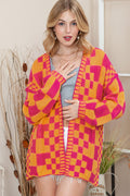 Multicolor Plaid Open Front Knitted Cardigan