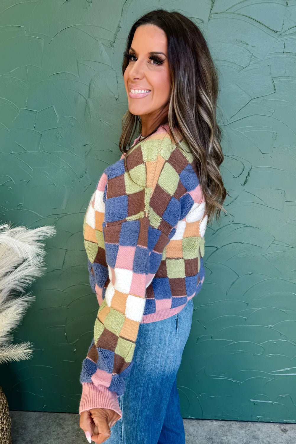 Multicolour Checkered Pattern Button Front Knit Cardigan