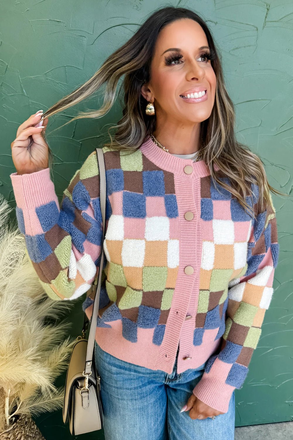 Multicolour Checkered Pattern Button Front Knit Cardigan