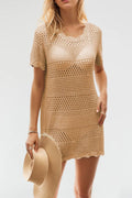 Multicolour Hollow Out Crochet Short Sleeve Swimsuit Cover Up