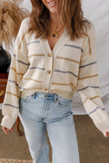 Multicolour Striped Buttoned Front V Neck Drop Shoulder Cardigan