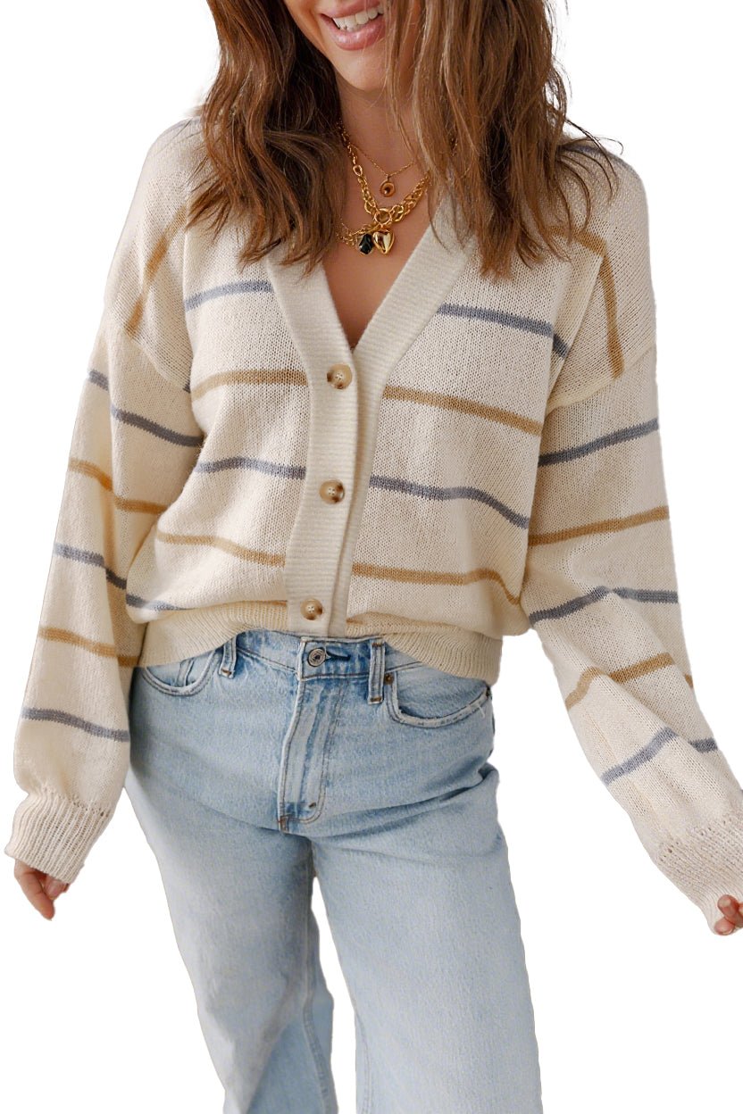 Multicolour Striped Buttoned Front V Neck Drop Shoulder Cardigan