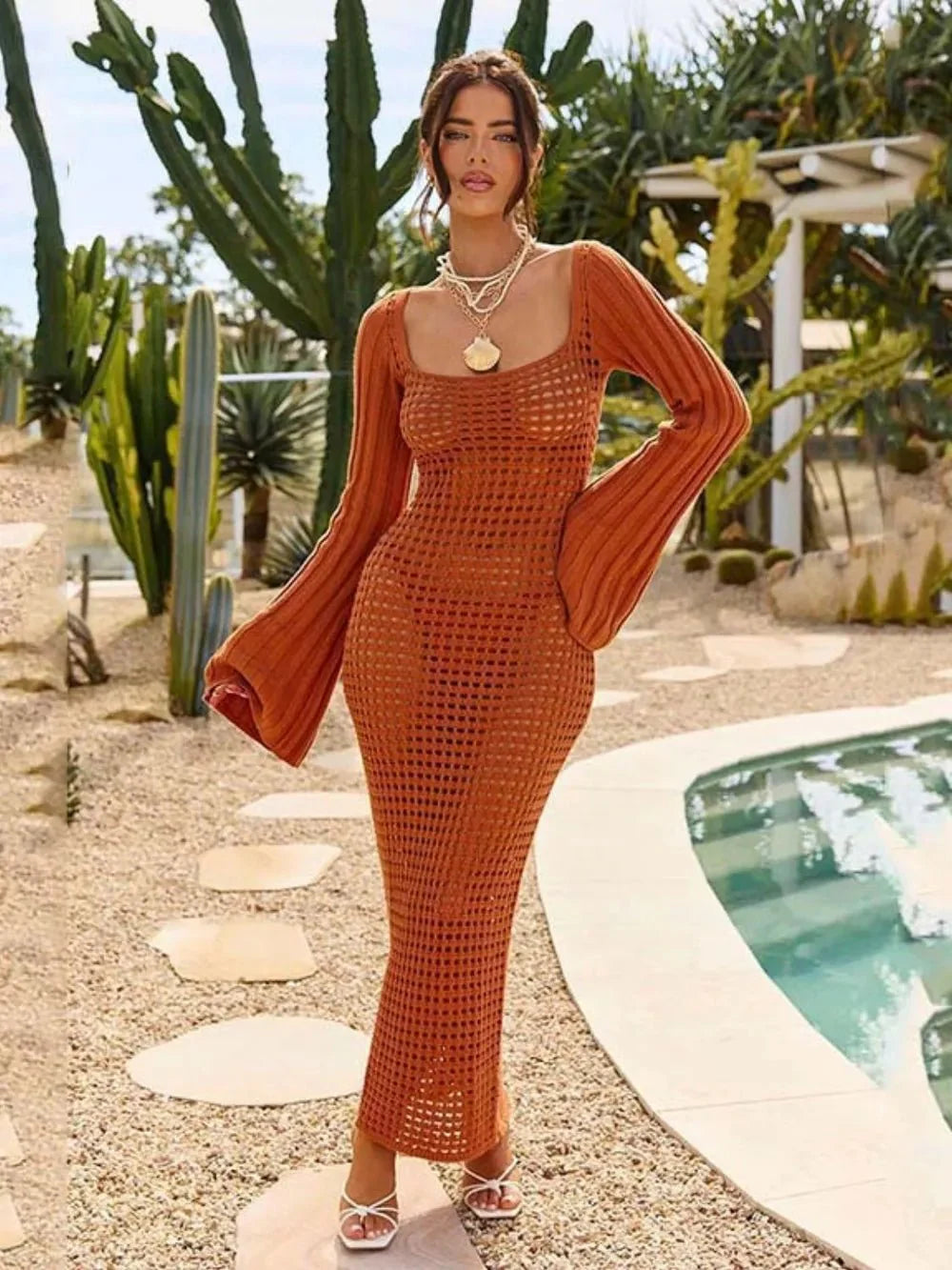 Openwork Square Neck Flare Sleeve Cover-Up Dress