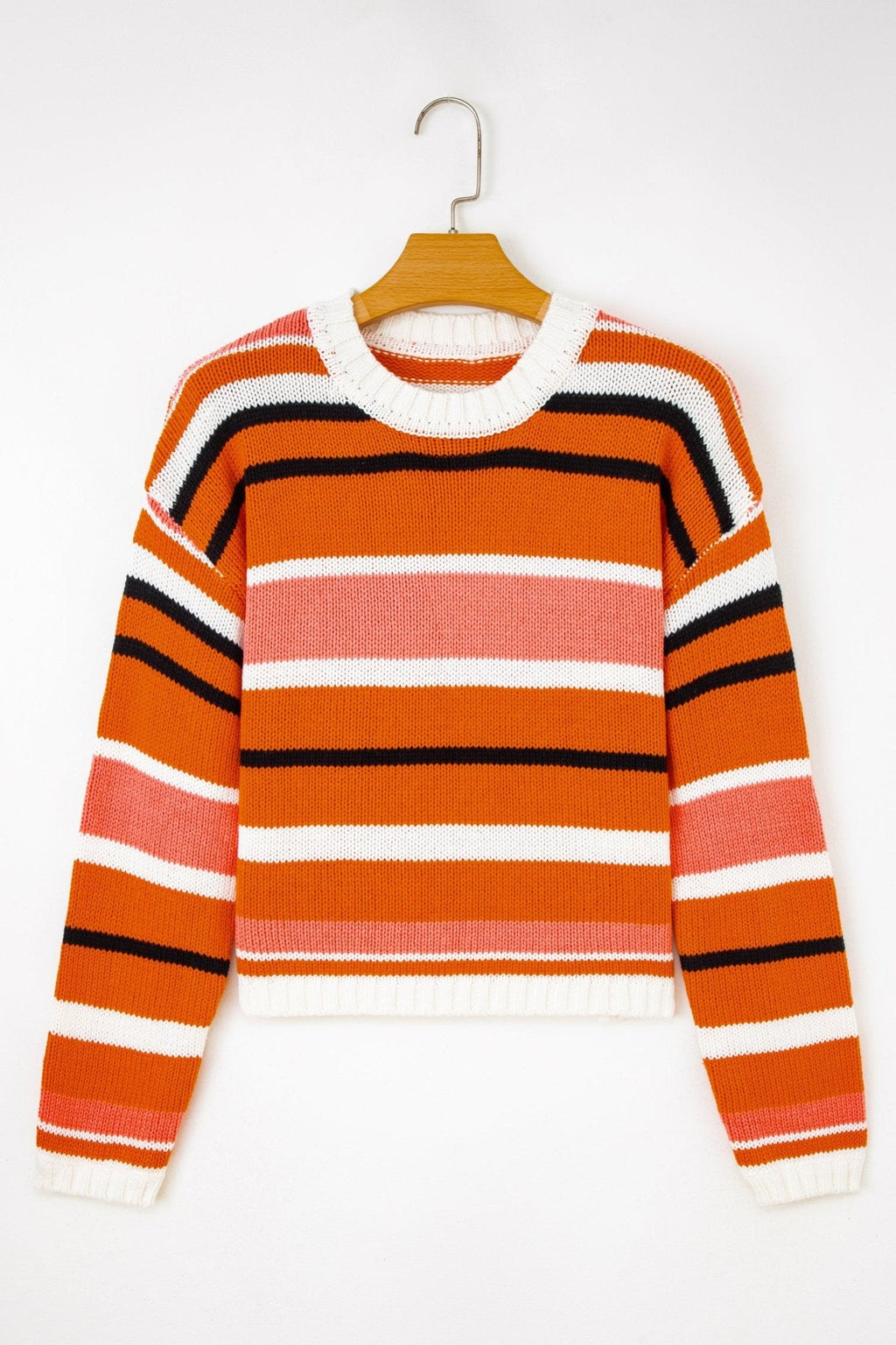 Orange Stripe Drop Shoulder Cropped Pullover Sweater