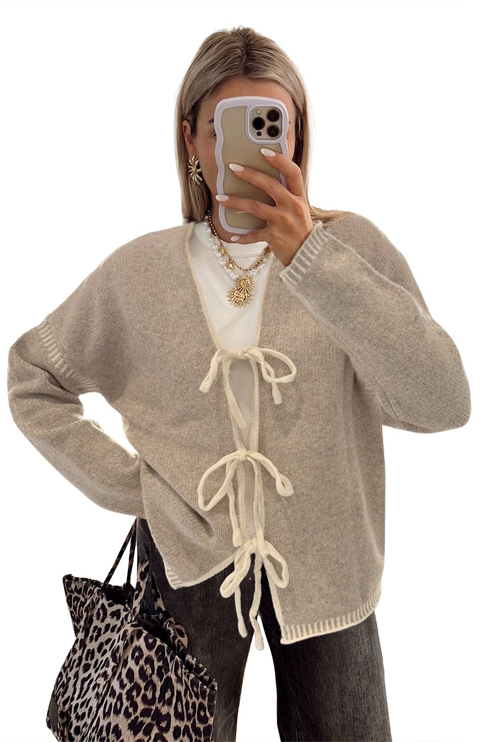Pale Khaki Tied Front Drop Shoulder Chunky Casual Cardigan