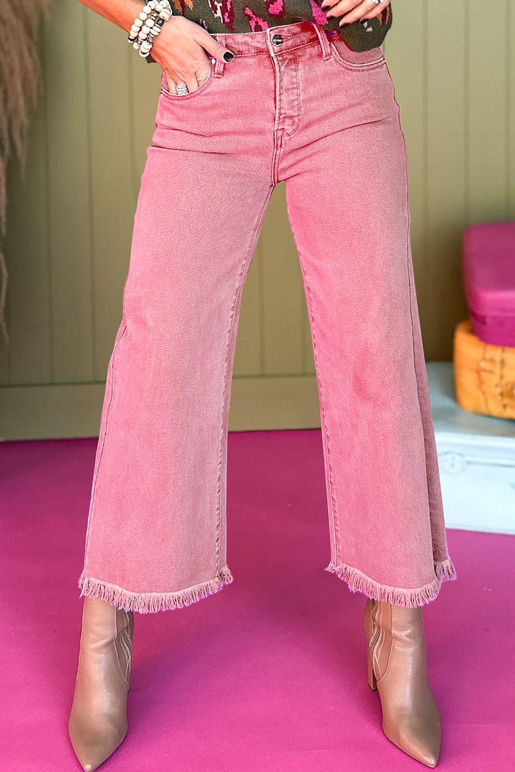 Peach Blossom Acid Washed High Rise Cropped Jeans