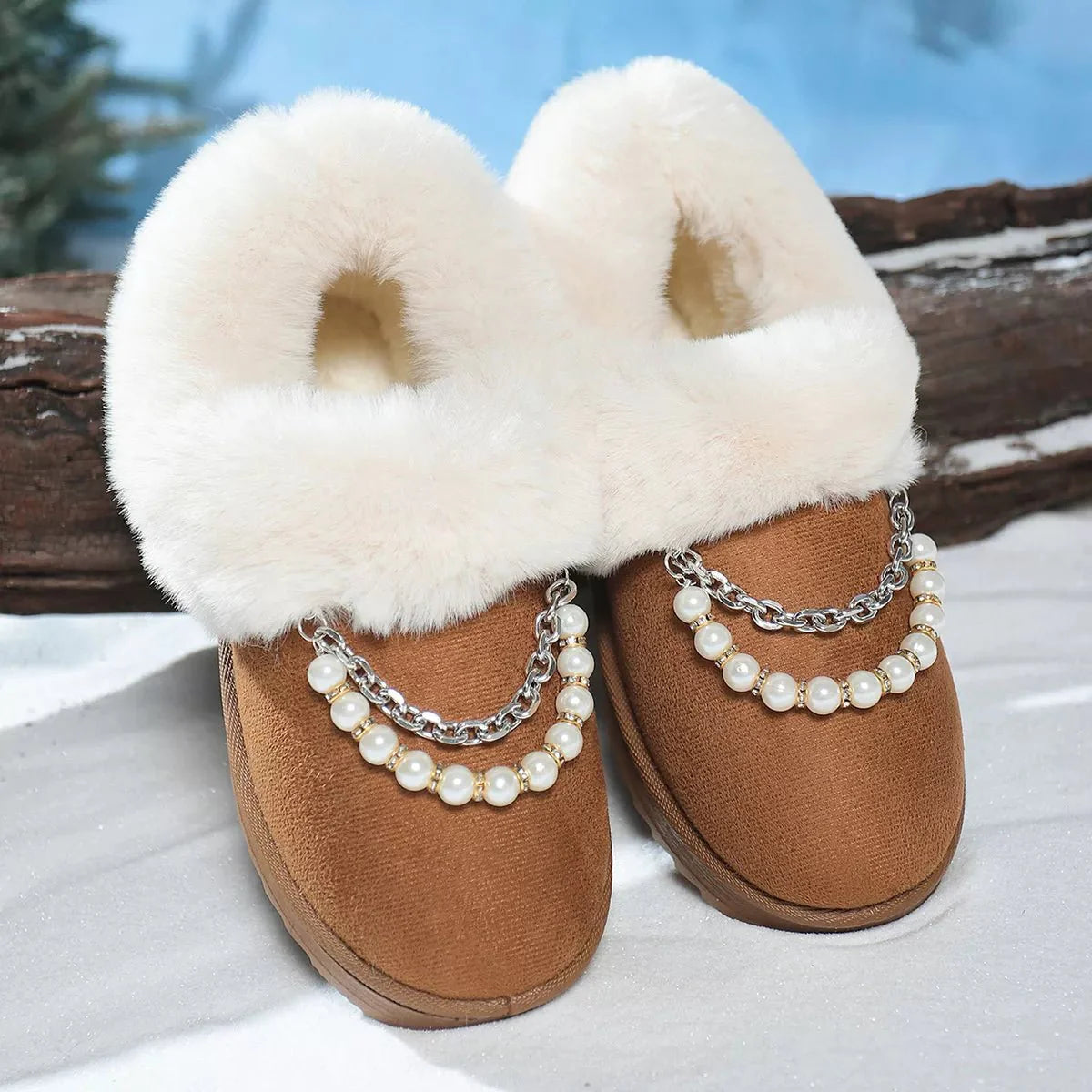 Pearl Embellished Luxury Fur Lined Winter Boots