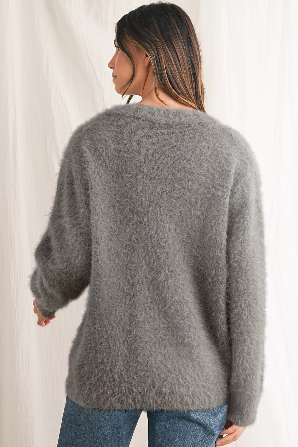 Philippine Gray Fluffy V-neck Button Sweater Cardigan